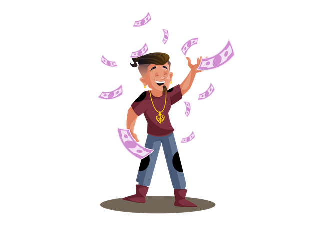 Menino indiano está feliz e voando dinheiro no ar  Ilustração
