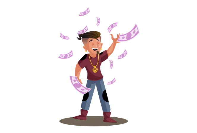 Menino indiano está feliz e voando dinheiro no ar  Ilustração
