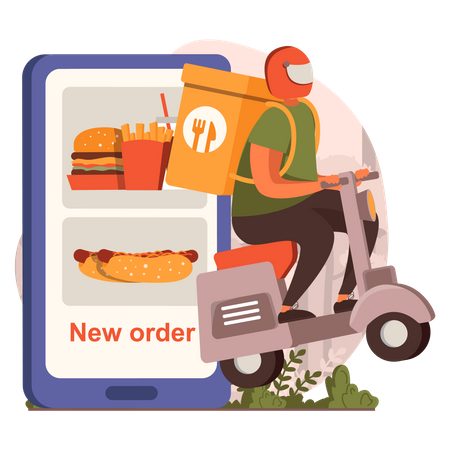 Menino andando de scooter para entrega de comida on-line  Ilustração