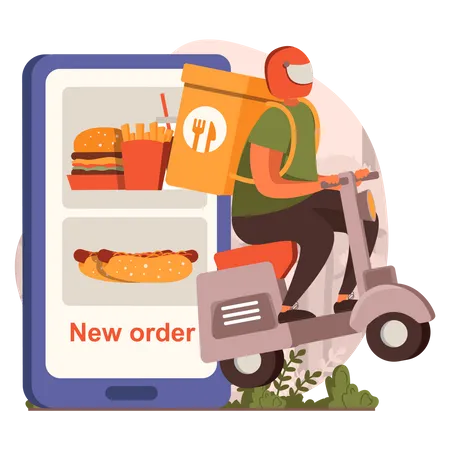 Menino andando de scooter para entrega de comida on-line  Ilustração