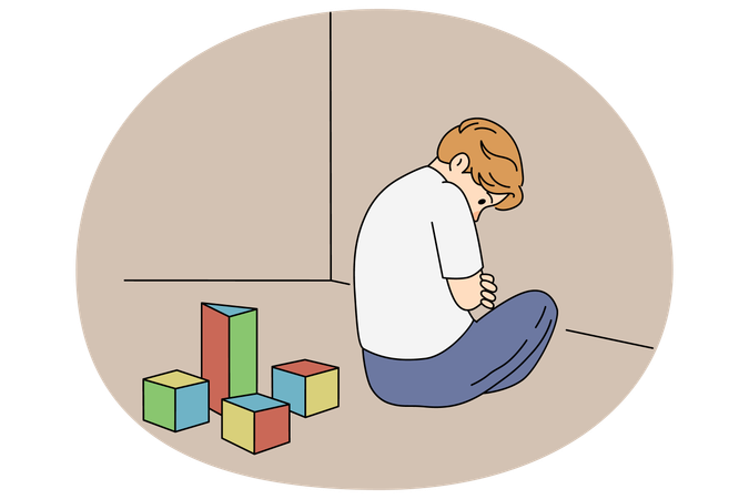 Menino infeliz com autismo brinca sozinho  Ilustração