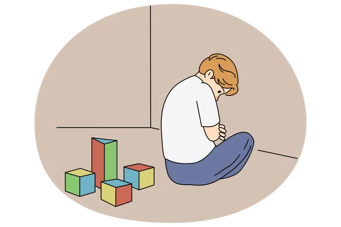 Menino infeliz com autismo brinca sozinho  Ilustração