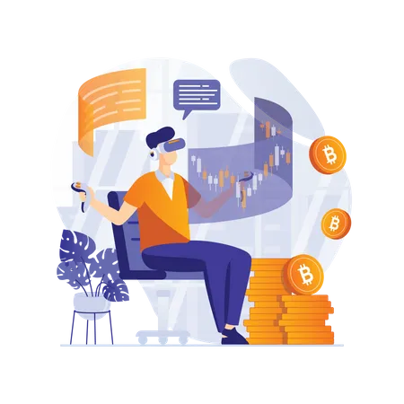 Garoto investindo em bitcoin usando Metaverso  Ilustração