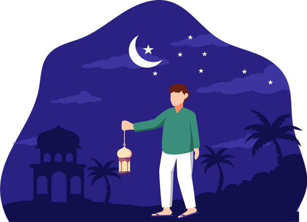 Menino islâmico segurando uma lanterna islâmica  Ilustração
