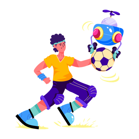 Menino jogando futebol com robô  Ilustração