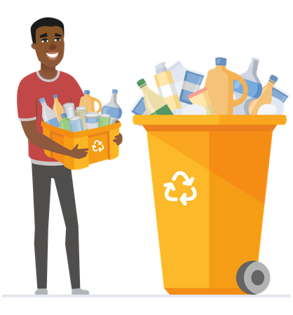 Menino jogando lixo plástico para reciclagem  Ilustração