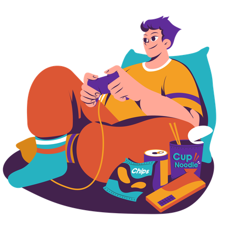 Menino jogando videogame no fim de semana  Ilustração