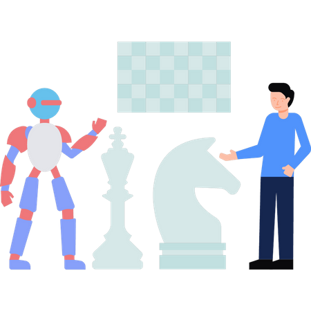Menino jogando xadrez com robô  Ilustração