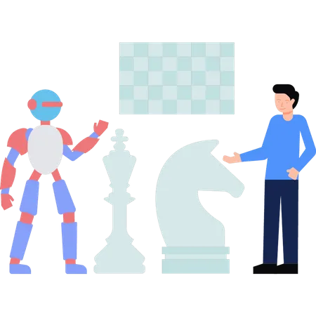 Menino jogando xadrez com robô  Ilustração