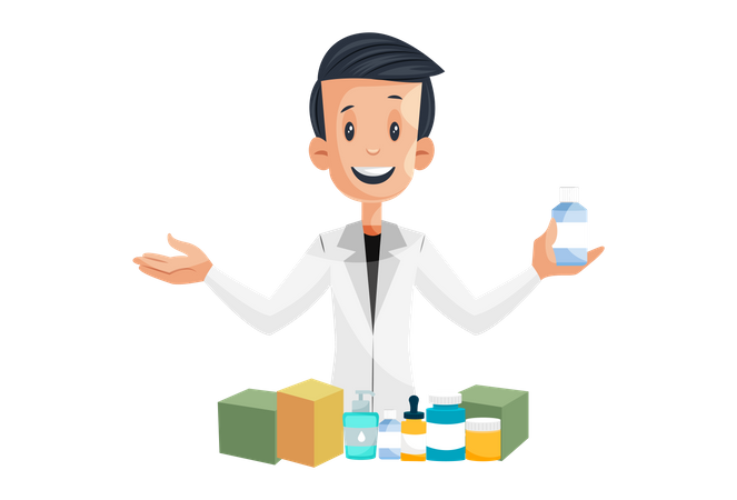 Garoto de laboratório está mostrando produtos medicinais e desinfetantes  Ilustração