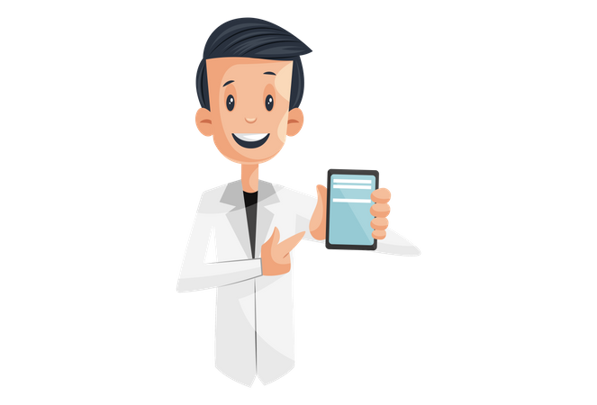 O garoto do laboratório está mostrando o celular para pedidos de medicamentos on-line  Ilustração