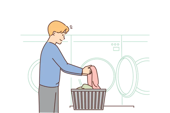 Menino lavando roupa na lavanderia  Ilustração