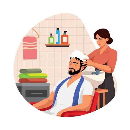 Menino lavando o cabelo no posto de xampu  Ilustração
