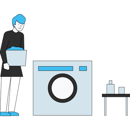 Menino lavando roupas usando máquina de lavar  Ilustração