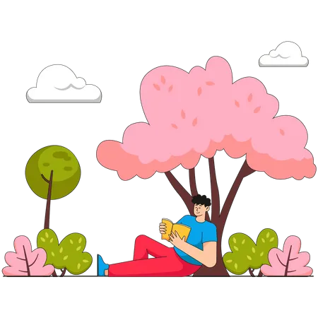Menino lendo livro enquanto está sentado debaixo da árvore  Ilustração