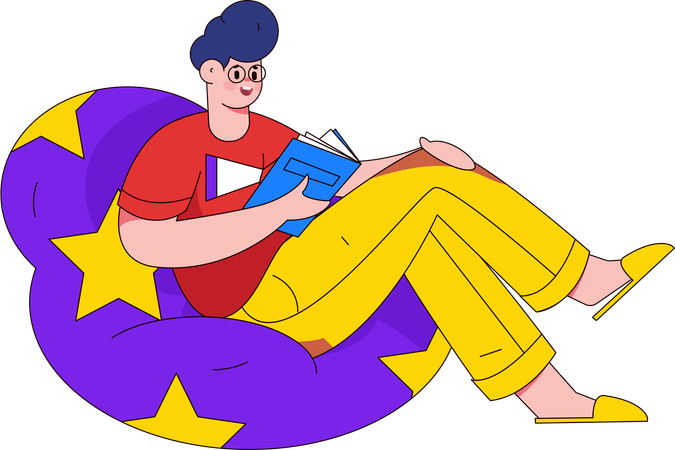 Menino lendo livro enquanto está sentado no pufe  Ilustração