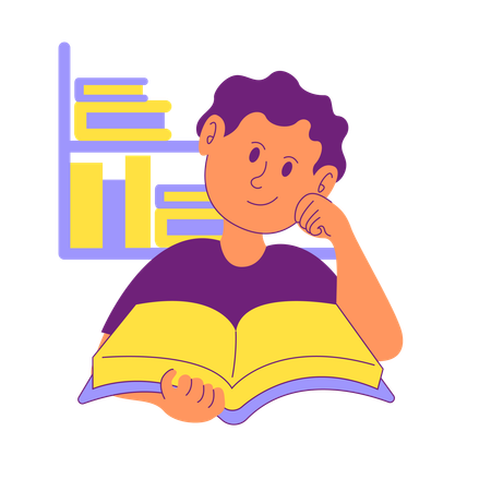 Menino lendo livro na biblioteca  Ilustração