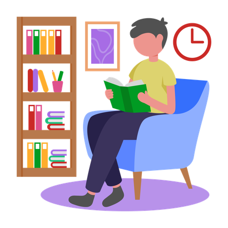 Menino lendo livro na biblioteca  Ilustração