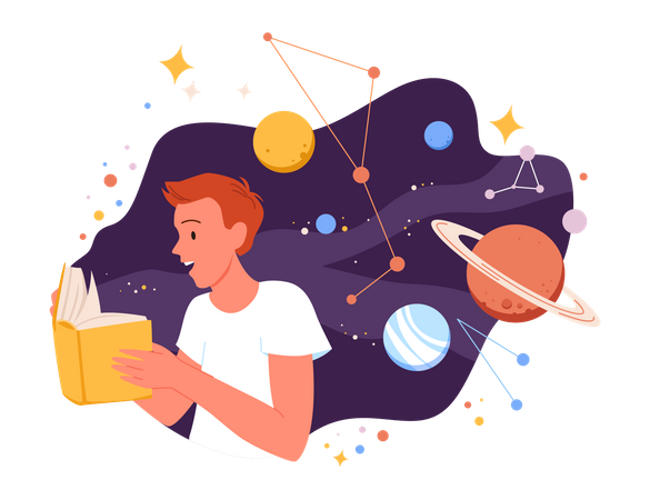 Menino lendo sobre o espaço  Ilustração