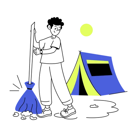 Menino limpando acampamento usando vassoura  Ilustração