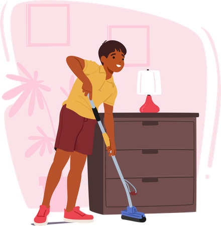 Menino limpando o chão com vassoura  Ilustração