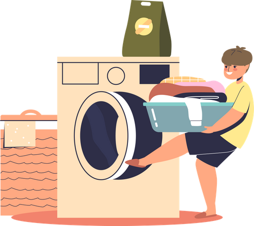 Menino limpando roupas na máquina de lavar  Ilustração