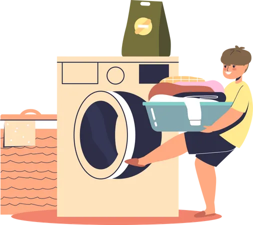 Garoto Carregando Roupas Na Maquina De Lavar Crianca Pequena Ajuda A Fazer Tarefas Domesticas Em Casa Criancas Ajudando Com O Conceito Domestico E De Limpeza Ilustracao Em Vetor Plana Dos Desenhos Animados Ilustração