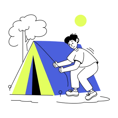 Menino montando barraca para acampar  Ilustração