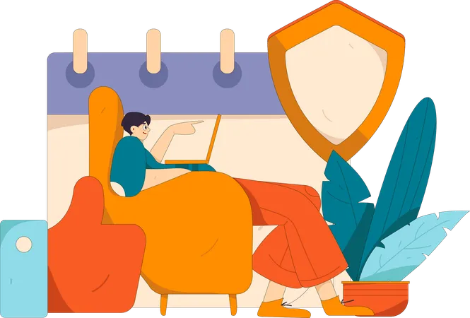 Garoto mostrando armazenamento seguro no laptop  Ilustração