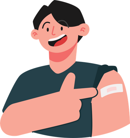 Menino mostrando curativo no braço após vacinação  Ilustração