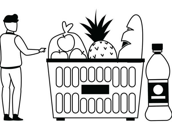 Menino mostrando cesta de compras  Ilustração