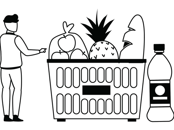 Menino mostrando cesta de compras  Ilustração
