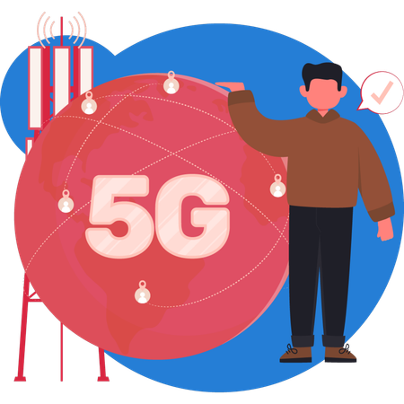 Menino mostrando conexão de rede 5G  Ilustração