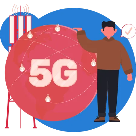 Menino mostrando conexão de rede 5G  Ilustração