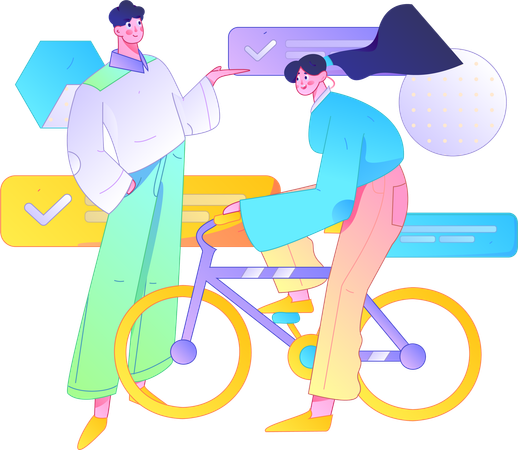 Menino mostrando conversa enquanto menina anda de bicicleta  Ilustração