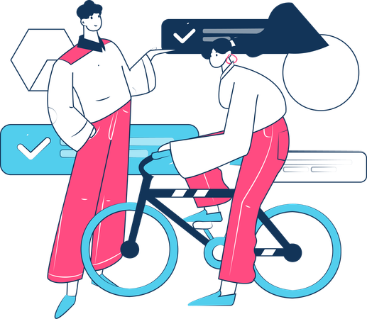 Menino mostrando conversa enquanto menina anda de bicicleta  Ilustração