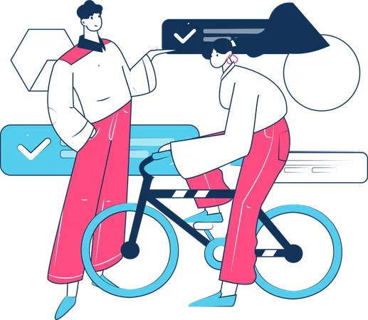 Menino mostrando conversa enquanto menina anda de bicicleta  Ilustração