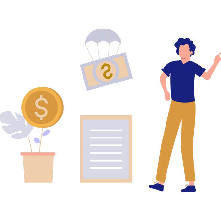 Menino mostrando diferentes aspectos de negócios financeiros  Ilustração