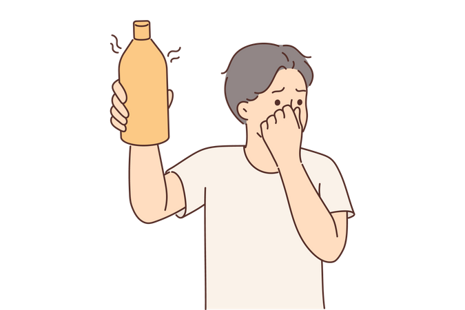 Menino mostrando garrafa de bebida vencida  Ilustração