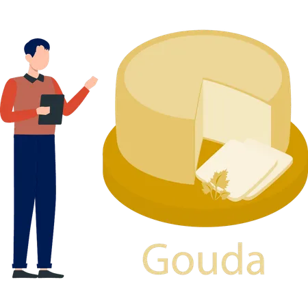 Menino mostrando queijo gouda amarelo  Ilustração