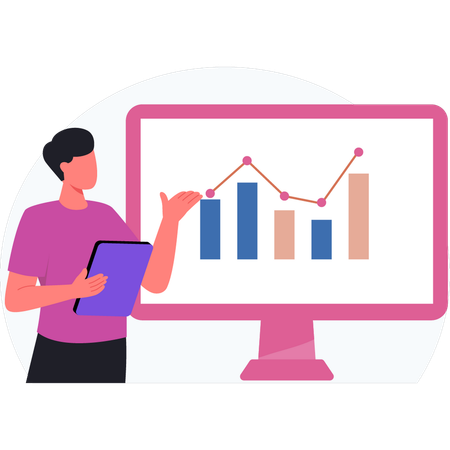 Menino mostrando gráfico de análise no monitor  Ilustração