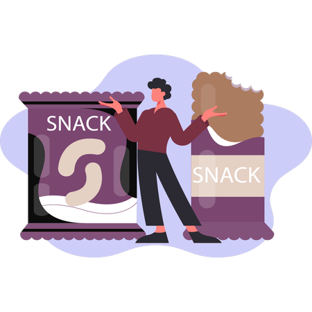 Menino mostrando lanche e chocolate  Ilustração
