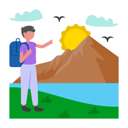 Menino mostrando o nascer do sol na montanha  Illustration