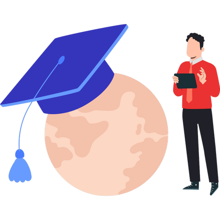 Menino mostrando seu diploma on-line globalmente  Ilustração