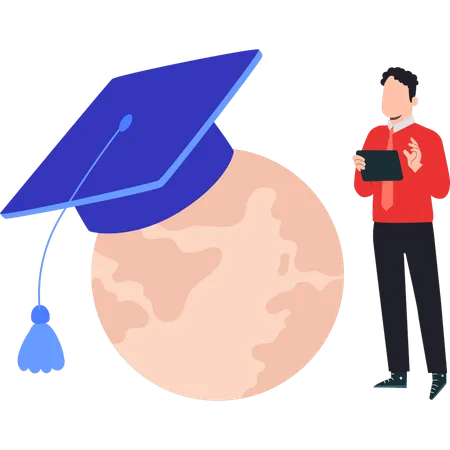 Menino mostrando seu diploma on-line globalmente  Ilustração