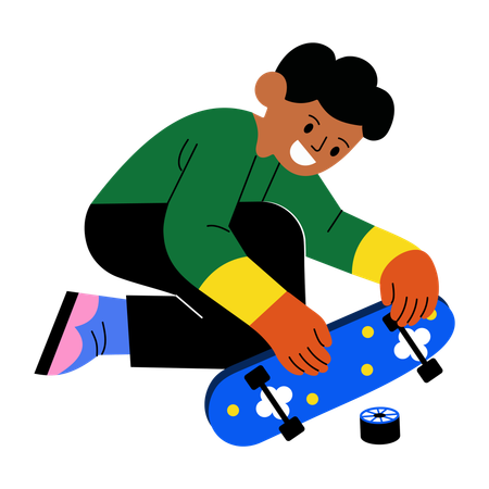 Menino mostrando skate quebrado  Ilustração