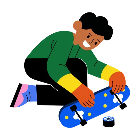 Menino mostrando skate quebrado  Ilustração