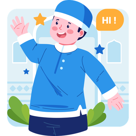 Menino muçulmano acenando com a mão  Ilustração