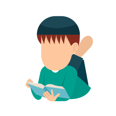 Menino muçulmano deitado enquanto lê o livro do Alcorão  Ilustração