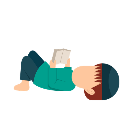 Menino muçulmano deitado no chão e lendo livro do Alcorão  Ilustração